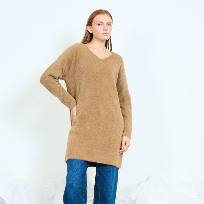 Fuzzy V-neck long sweater wholesale