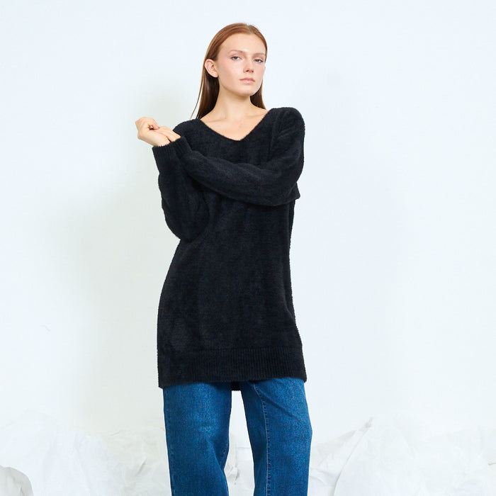 Fuzzy V-neck long sweater wholesale