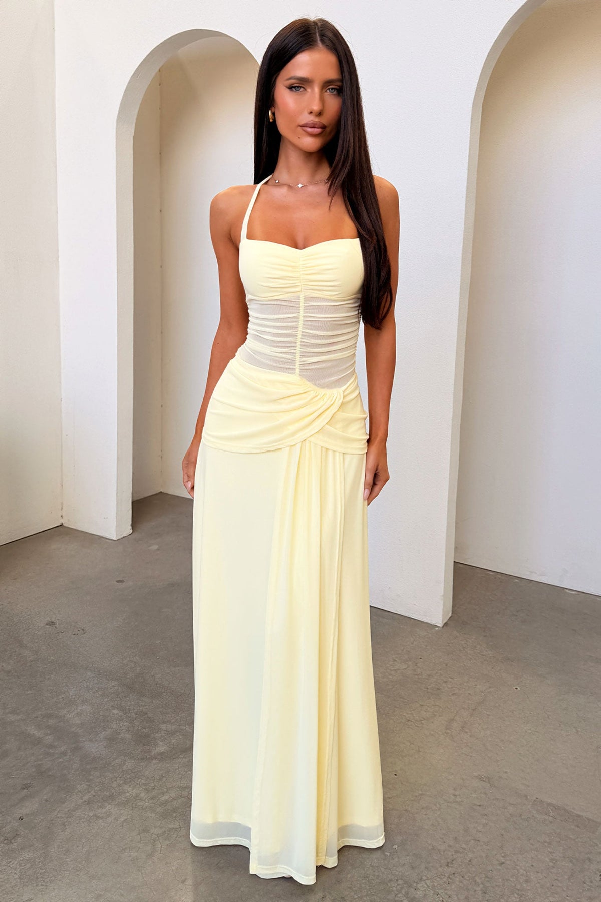 Gabrielle Halterneck Mesh Maxi Dress - Yellow