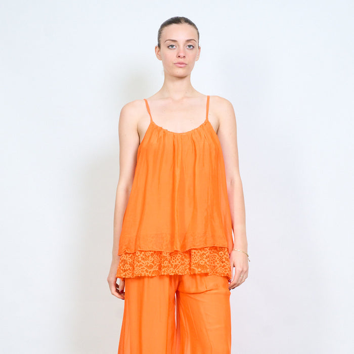 Gathered neckline adjustable strap layered lace hem camisole top wholesale