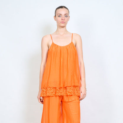 Gathered neckline adjustable strap layered lace hem camisole top wholesale