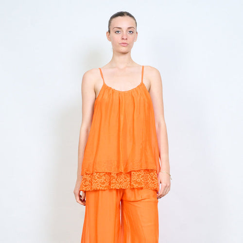Gathered neckline adjustable strap layered lace hem camisole top wholesale