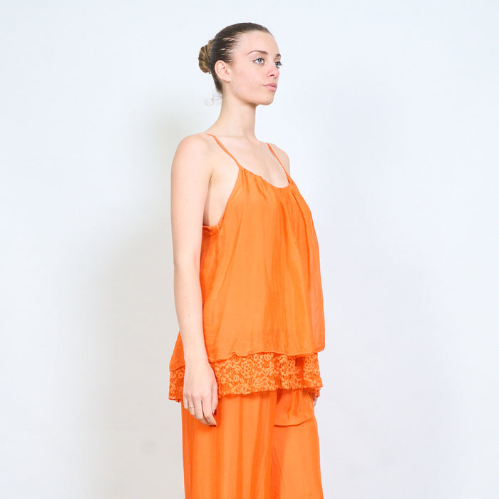 Gathered neckline adjustable strap layered lace hem camisole top wholesale
