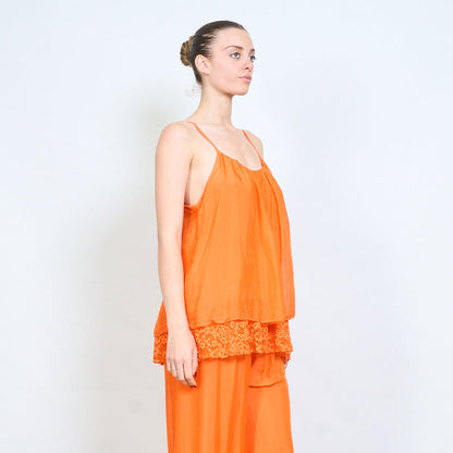 Gathered neckline adjustable strap layered lace hem camisole top wholesale