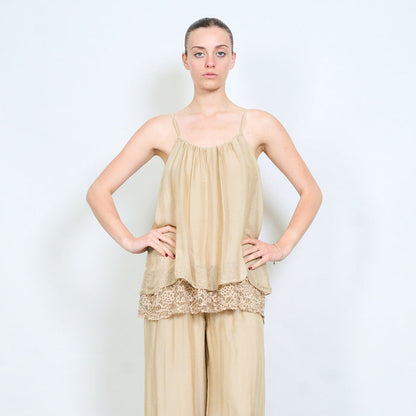Gathered neckline adjustable strap layered lace hem camisole top wholesale