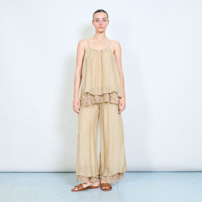 Gathered neckline adjustable strap layered lace hem camisole top wholesale