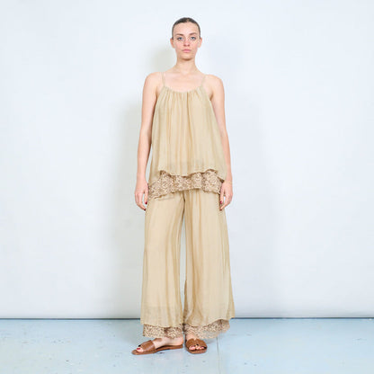 Gathered neckline adjustable strap layered lace hem camisole top wholesale
