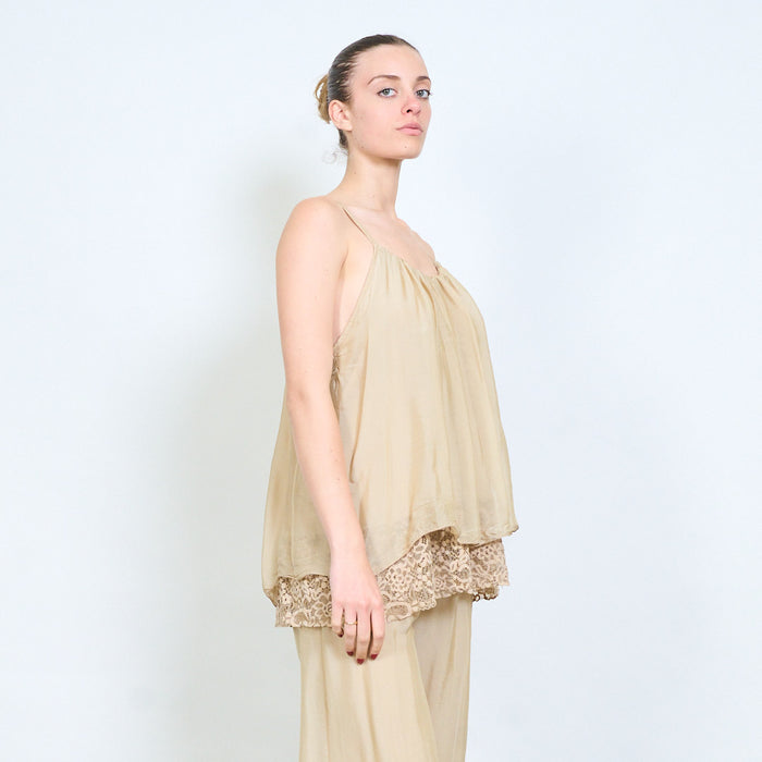 Gathered neckline adjustable strap layered lace hem camisole top wholesale