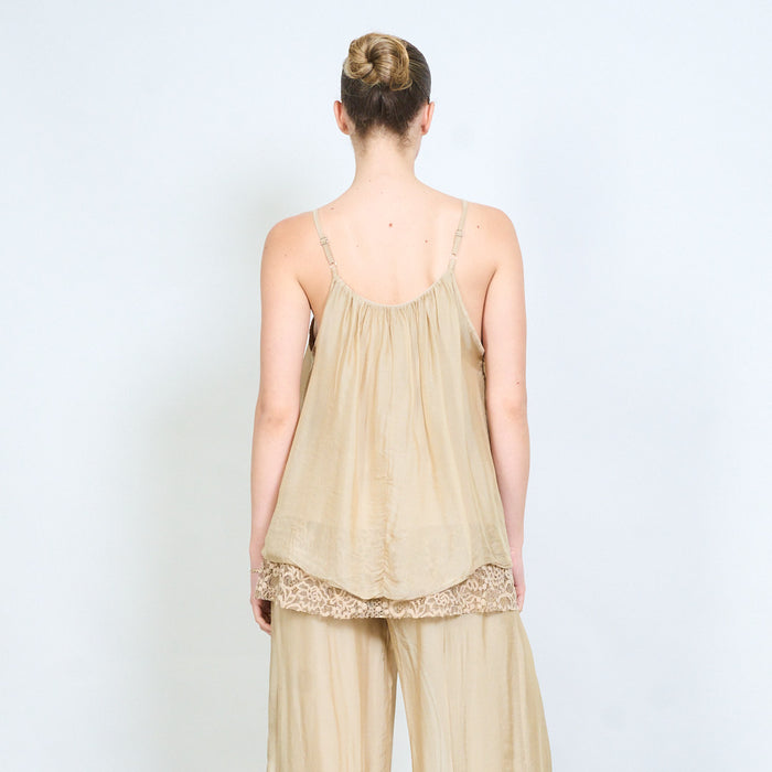 Gathered neckline adjustable strap layered lace hem camisole top wholesale