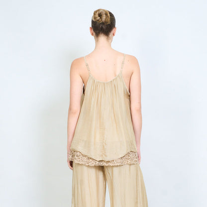 Gathered neckline adjustable strap layered lace hem camisole top wholesale