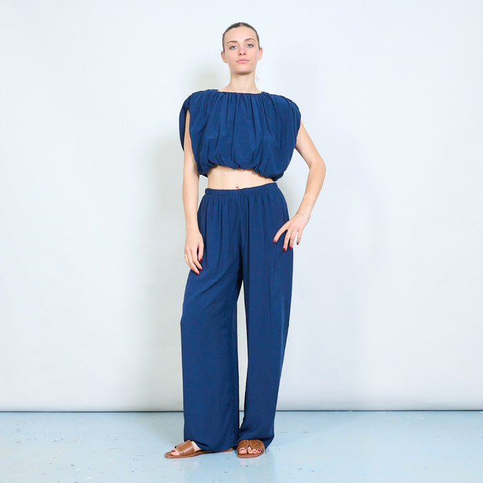 Gathered off shoulder blouse and elastic waist maxi trouser set wholesale