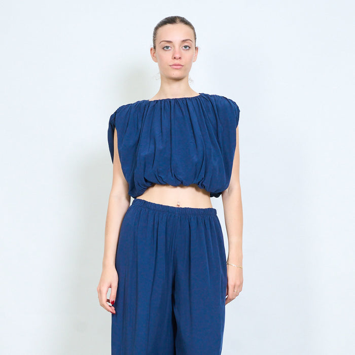 Gathered off shoulder blouse and elastic waist maxi trouser set wholesale