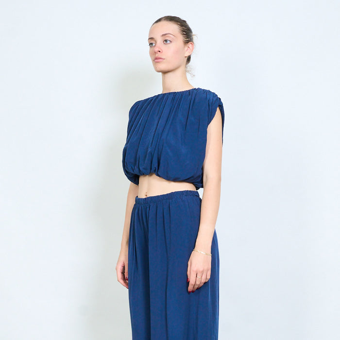 Gathered off shoulder blouse and elastic waist maxi trouser set wholesale