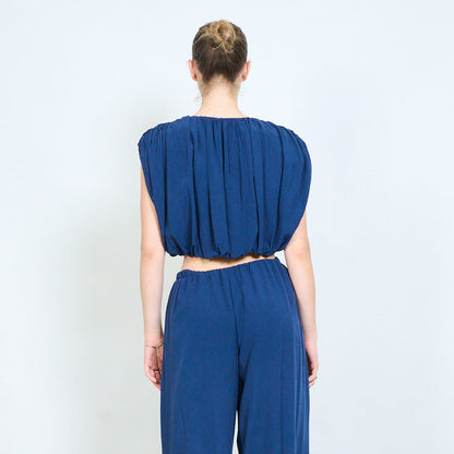 Gathered off shoulder blouse and elastic waist maxi trouser set wholesale