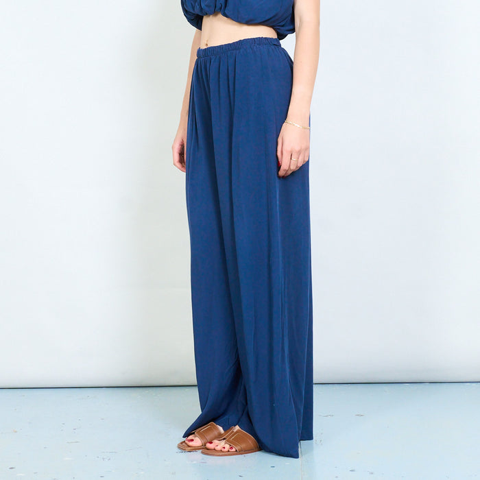 Gathered off shoulder blouse and elastic waist maxi trouser set wholesale