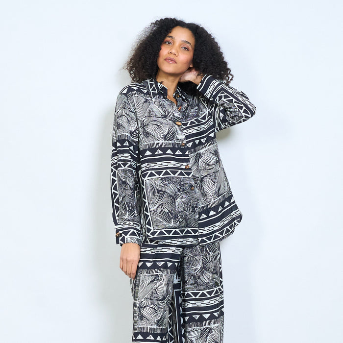 Geometric tribal leaf printed long sleeve shirt wholesale