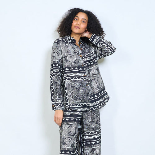 Geometric tribal leaf printed long sleeve shirt wholesale