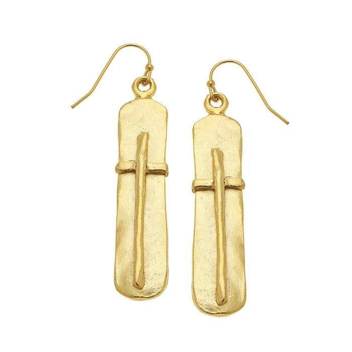 Gold bar earrings featuring a textured cross design.