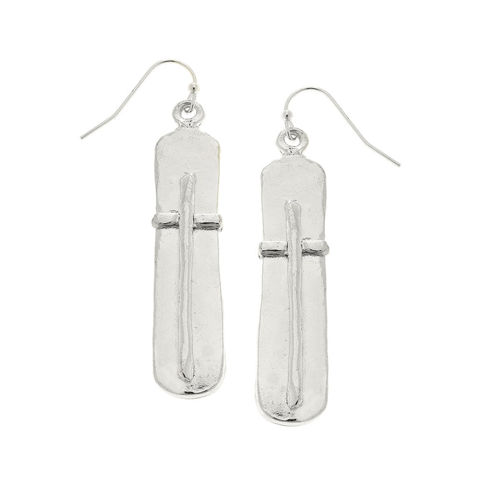 Silver cross dangle earrings with textured rectangular design.