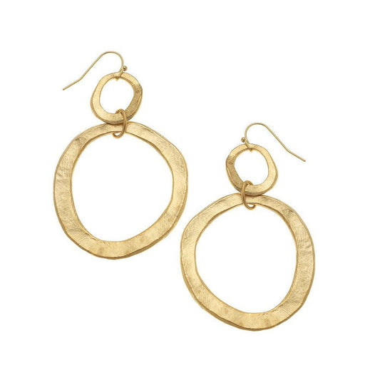 Hammered gold double hoop earrings; textured, brushed gold finish.