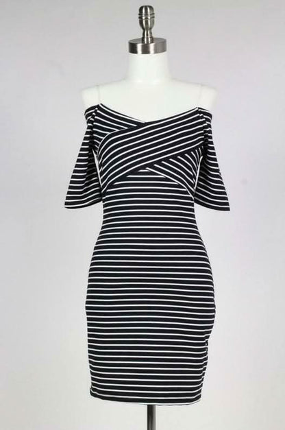 Movin' On Baby Off-The-Shoulder Striped Bodycon Dress