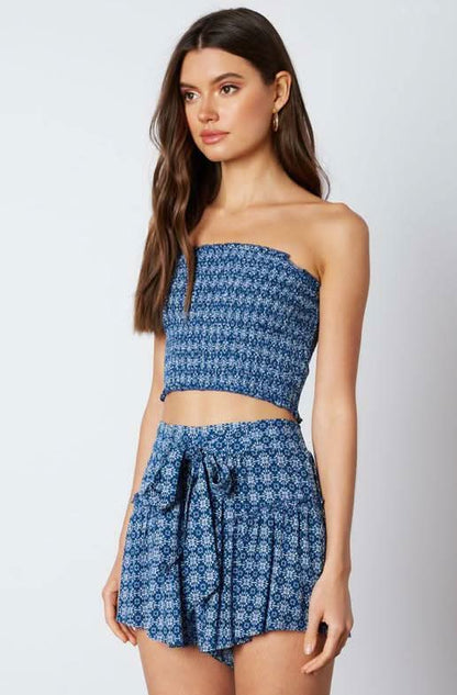 Mykonos Blue Print Cropped Two-Piece Skort Set