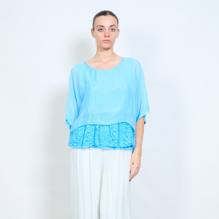 Layered lace hem loose flowy short sleeve blouse wholesale