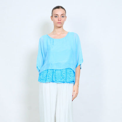 Layered lace hem loose flowy short sleeve blouse wholesale