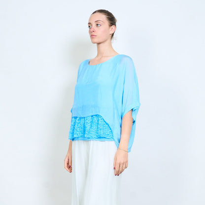 Layered lace hem loose flowy short sleeve blouse wholesale