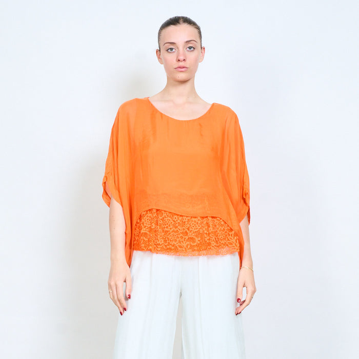 Layered lace hem loose flowy short sleeve blouse wholesale