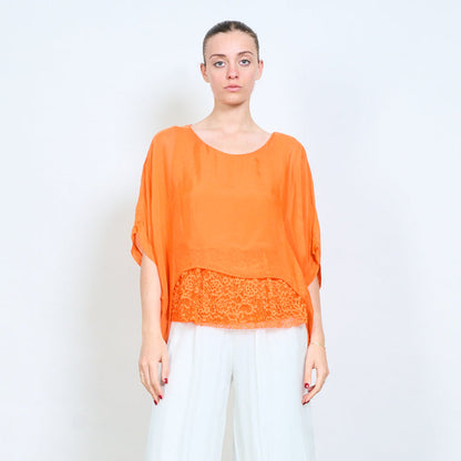 Layered lace hem loose flowy short sleeve blouse wholesale
