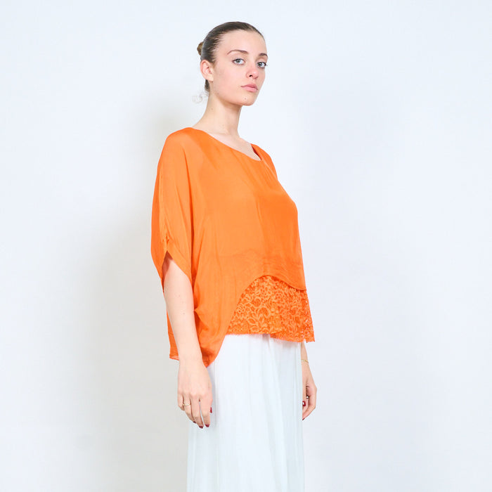 Layered lace hem loose flowy short sleeve blouse wholesale