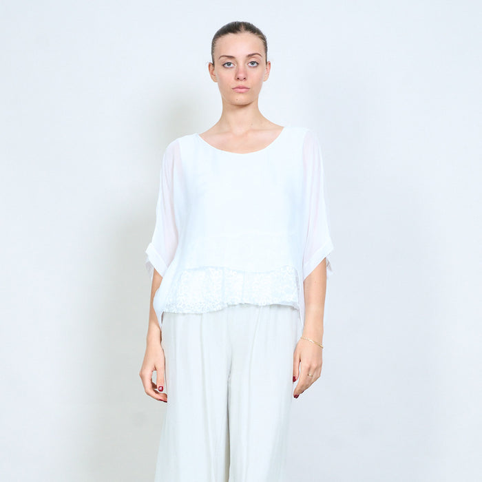 Layered lace hem loose flowy short sleeve blouse wholesale