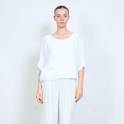 Layered lace hem loose flowy short sleeve blouse wholesale