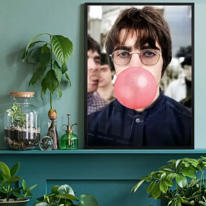 Liam Bubblegum Portrait Oasis Print, quirky altered art print black framed on a living room shelf