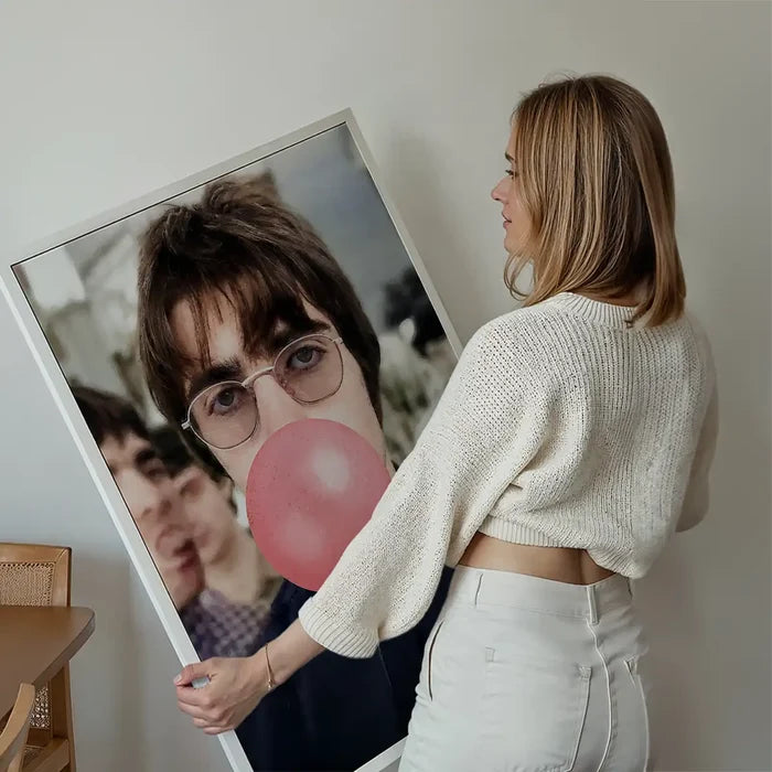 Liam Bubblegum Portrait Oasis Print held up against a living room wall