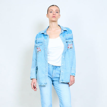 Lightwash denim embroidered and beaded western shirt jacket wholesale