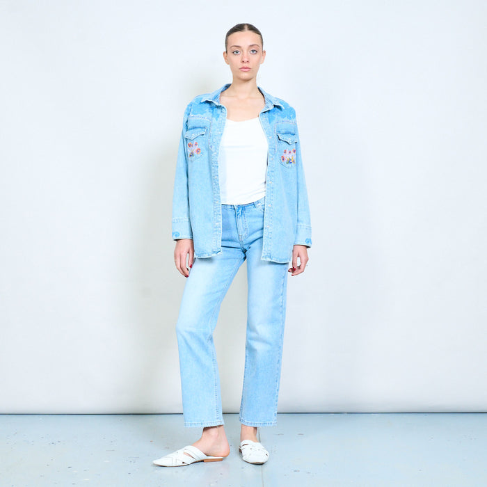 Lightwash denim embroidered and beaded western shirt jacket wholesale