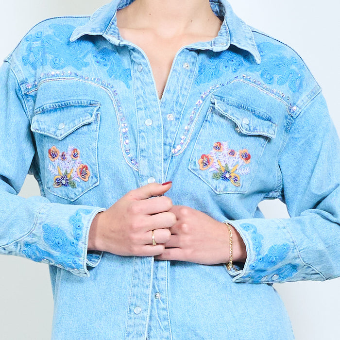 Lightwash denim embroidered and beaded western shirt jacket wholesale