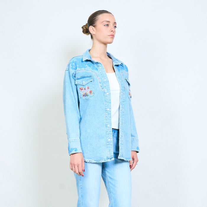 Lightwash denim embroidered and beaded western shirt jacket wholesale