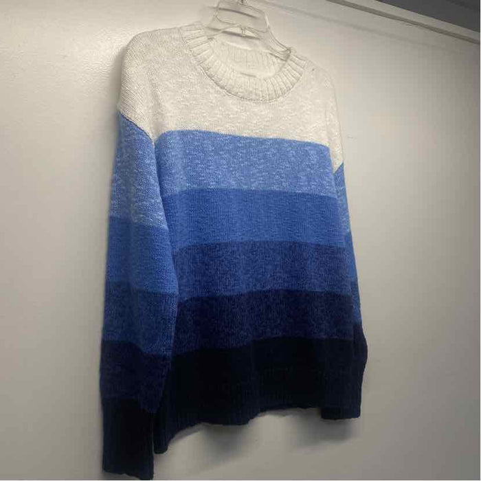 LL Bean Size L Women's Blue-White Stripe Mock Neck Pullover Sweater