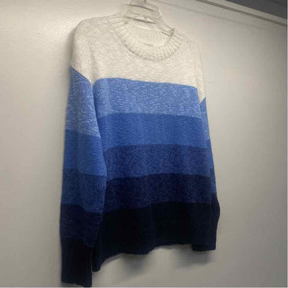 LL Bean Size L Women's Blue-White Stripe Mock Neck Pullover Sweater