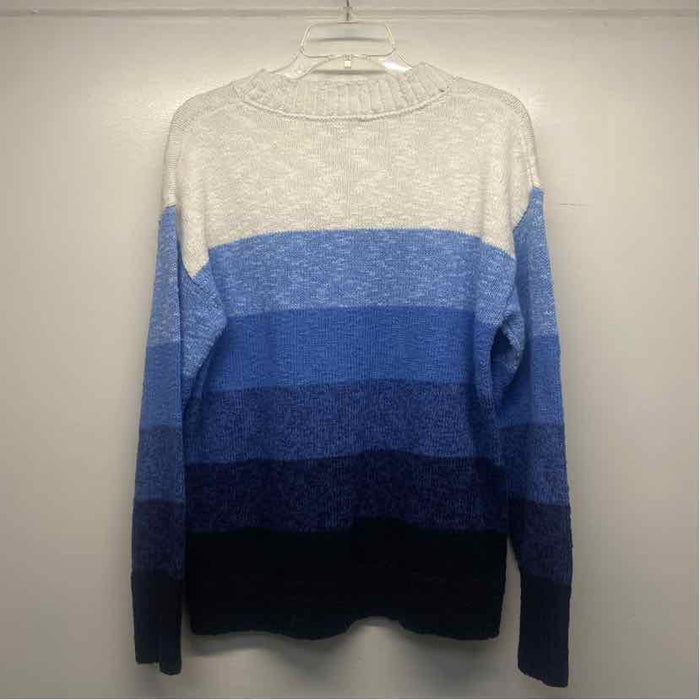 LL Bean Size L Women's Blue-White Stripe Mock Neck Pullover Sweater
