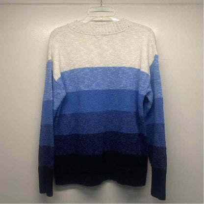 LL Bean Size L Women's Blue-White Stripe Mock Neck Pullover Sweater