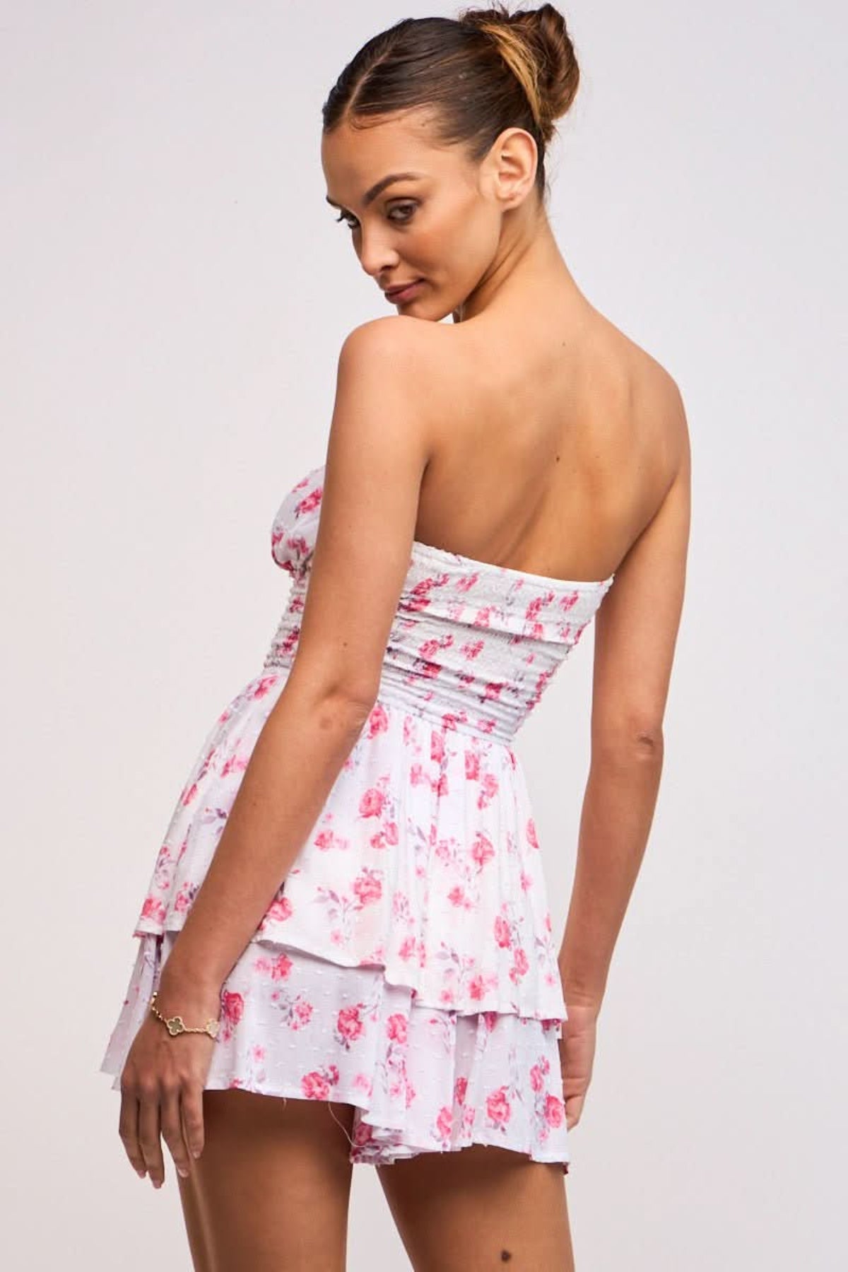 Michelle Pink Floral Strapless Romper Dress
