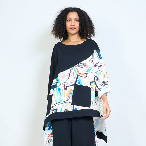 Oversized asymmetric abstract face print contrast panel top wholesale