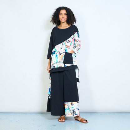 Oversized asymmetric abstract face print contrast panel top wholesale