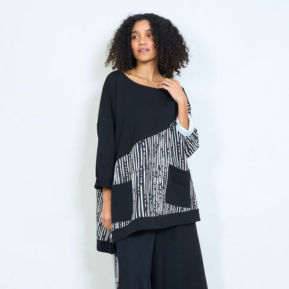 Oversized asymmetric contrast panel abstract print top wholesale