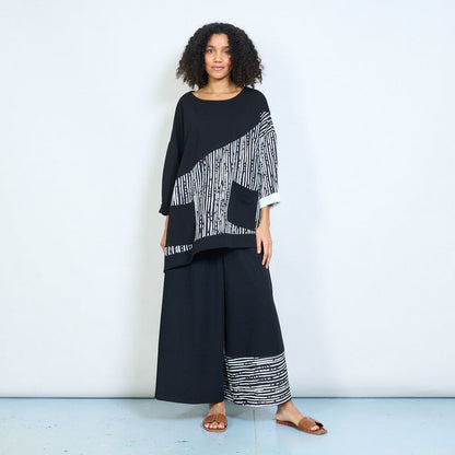Oversized asymmetric contrast panel abstract print top wholesale