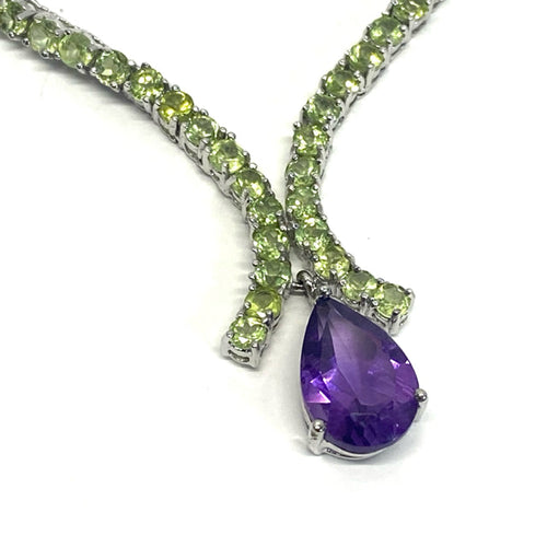 Pearl cut Peridot and Amethyst tennis necklace 925 Sterling Silver Necklace